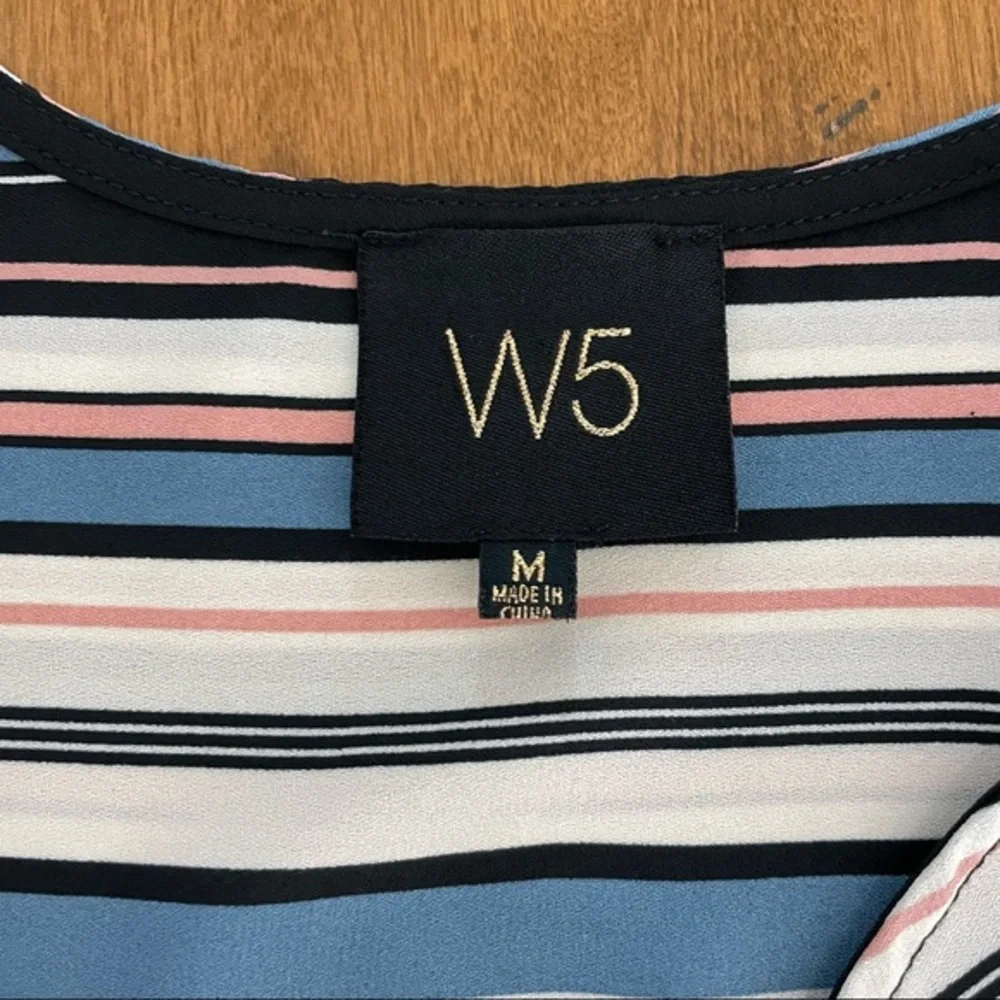 W5 Women’s Blue Stripe Tie Sleeve V‎ Neck Faux Wrap Boho Blouse Top Shirt Size M